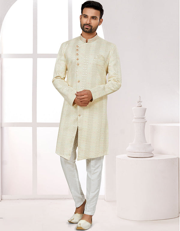 Readymade Men's traditional wear Cream Kurta S-6001 Embroidery Pant Front View