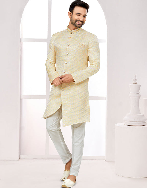 Readymade Men's traditional wear Yellow Kurta Singham Jaq Pant Front View
