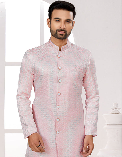 Readymade Men's traditional wear Pink Kurta Singham Jaq Pant Close-up View