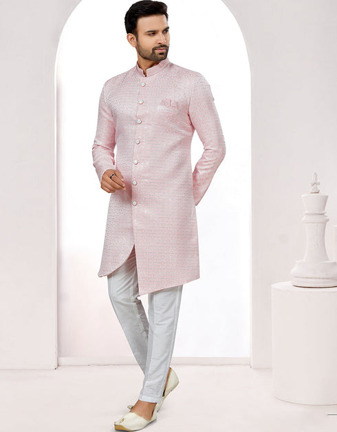 Readymade Men's traditional wear Pink Kurta Singham Jaq Pant Front View