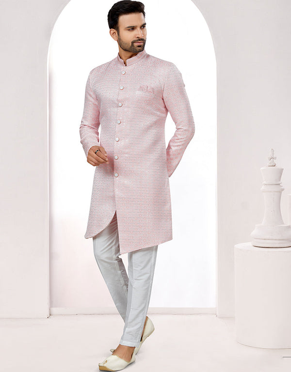 Readymade Men's traditional wear Pink Kurta Singham Jaq Pant Front View
