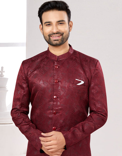 Readymade Men's traditional wear Maroon Kurta Galaxy Stin Jaq Pant Close-up View