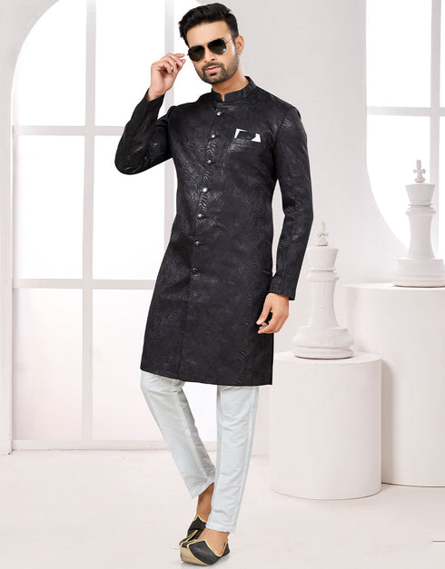 Readymade Men's traditional wear Black Kurta Galaxy Stin Jaq Pant Front View