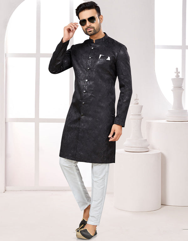 Readymade Men's traditional wear Black Kurta Galaxy Stin Jaq Pant Front View