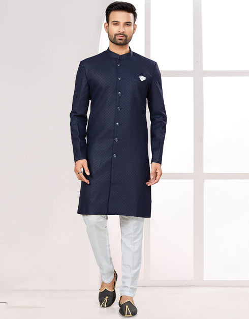 Readymade Men's traditional wear Navy Blue Kurta Galaxy Stin Jaq Pant Front View