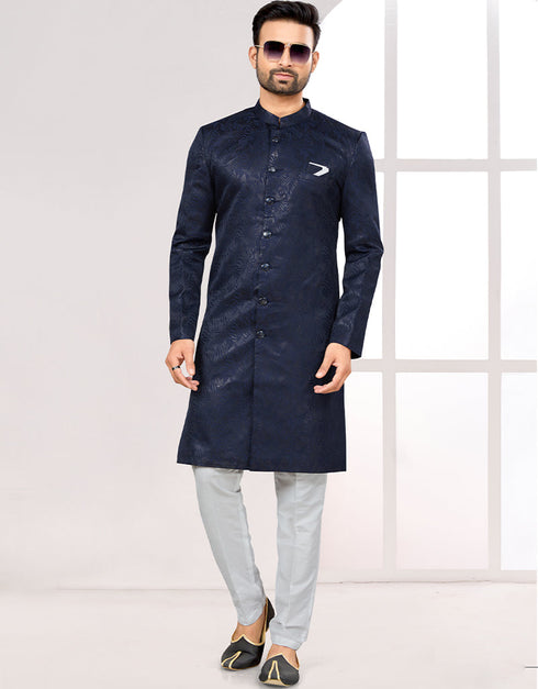 Readymade Men's traditional wear Navy Blue Kurta Galaxy Stin Jaq Pant Front View