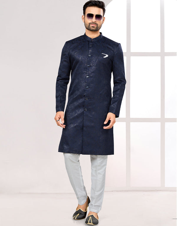Readymade Men's traditional wear Navy Blue Kurta Galaxy Stin Jaq Pant Front View