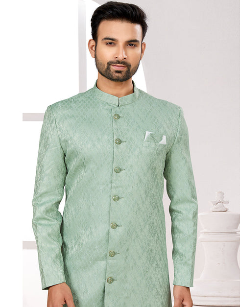 Readymade Men's traditional wear C. Green Kurta Galaxy Stin Jaq Pant Close-up View