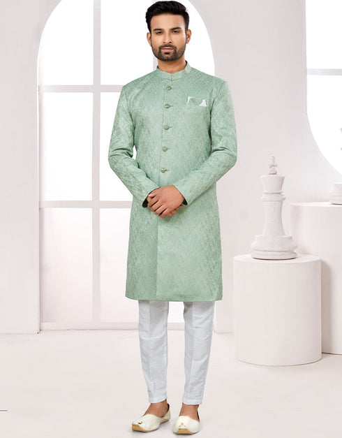 Readymade Men's traditional wear C. Green Kurta Galaxy Stin Jaq Pant Front View