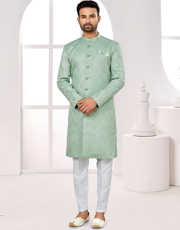 Readymade Men's traditional wear C. Green Kurta Galaxy Stin Jaq Pant Front View