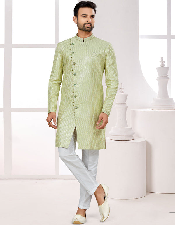 Readymade Men's traditional wear Green Kurta S-4001 Embroidery Pant Front View