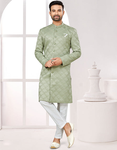 Readymade Men's traditional wear C. Green Kurta Galaxy Stin Jaq Pant Front View