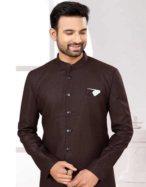 Readymade Men's traditional wear Brown Kurta Galaxy Stin Jaq Pant Close-up View