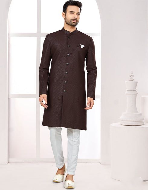 Readymade Men's traditional wear Brown Kurta Galaxy Stin Jaq Pant Front View