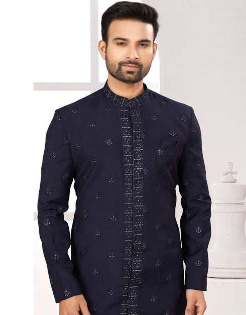 Readymade Men's traditional wear Navy Blue Kurta Digital Work Pant Close-up View