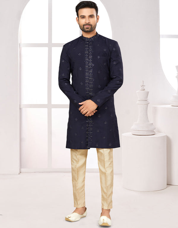 Readymade Men's traditional wear Navy Blue Kurta Digital Work Pant Front View