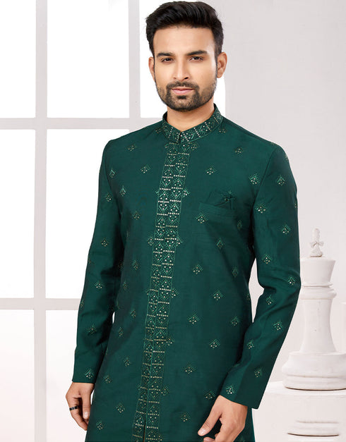 Readymade Men's traditional wear Bottle Green Kurta Digital Work Pant Close-up View