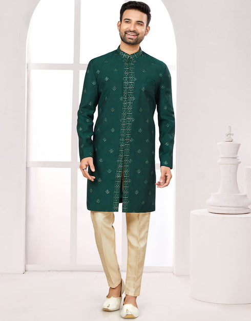 Readymade Men's traditional wear Bottle Green Kurta Digital Work Pant Front View