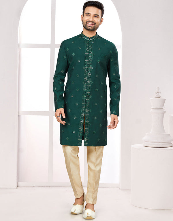 Readymade Men's traditional wear Bottle Green Kurta Digital Work Pant Front View
