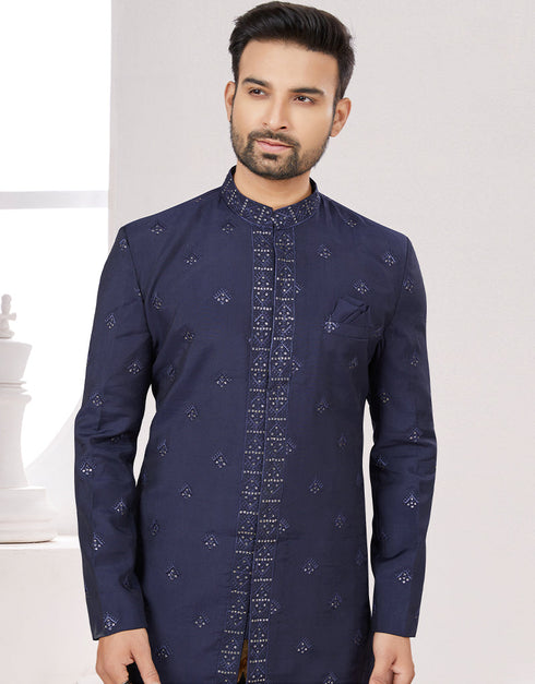 Readymade Men's traditional wear Navy Blue Kurta Digital Work Pant Close-up View
