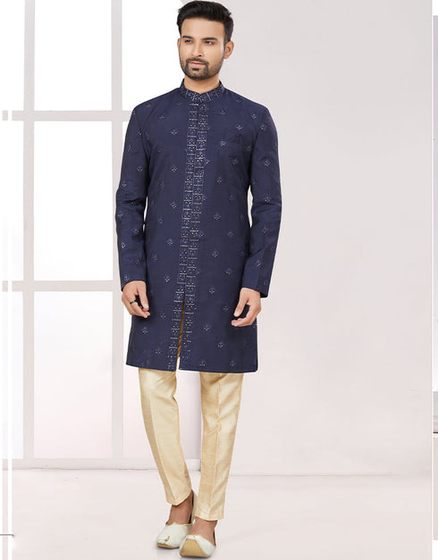 Readymade Men's traditional wear Navy Blue Kurta Digital Work Pant Front View
