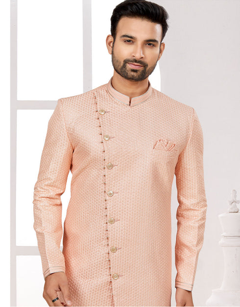 Readymade Men's traditional wear Peach Kurta S-4001 Embroidery Pant Close-up View