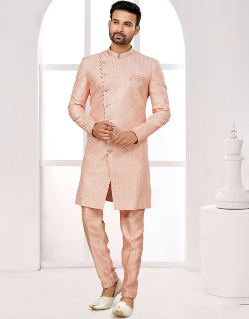 Readymade Men's traditional wear Peach Kurta S-4001 Embroidery Pant Front View
