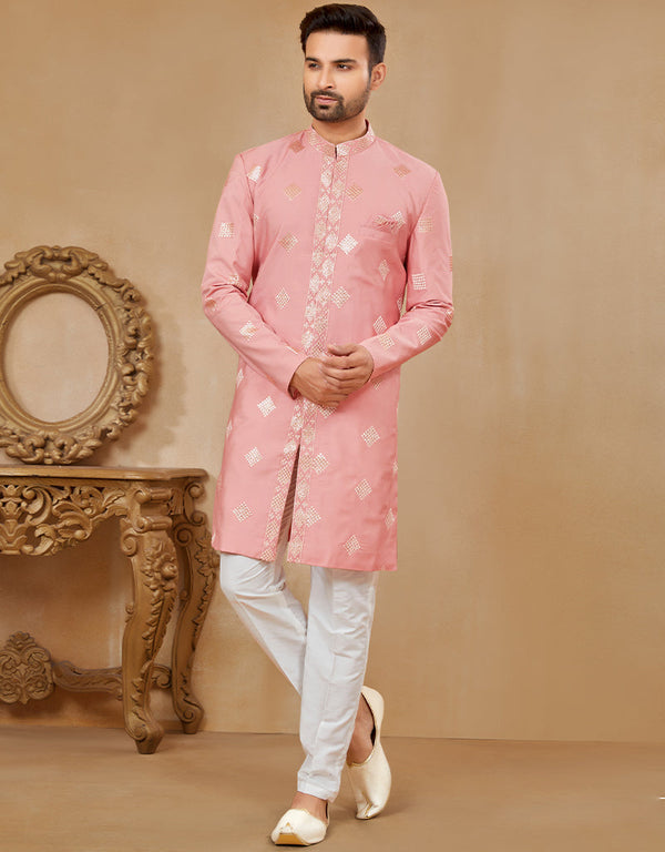 Readymade Men's traditional wear Peach Kurta Digital Work Pant Front View