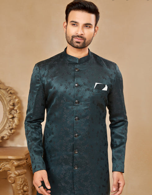 Readymade Men's traditional wear Bottle Green Kurta Galaxy Stin Jaq Pant Close-up View