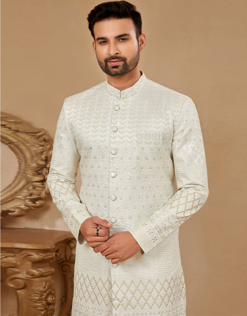 Readymade Men's traditional wear Off White Kurta Mukti Sherwani Jaq Pant Close-up View