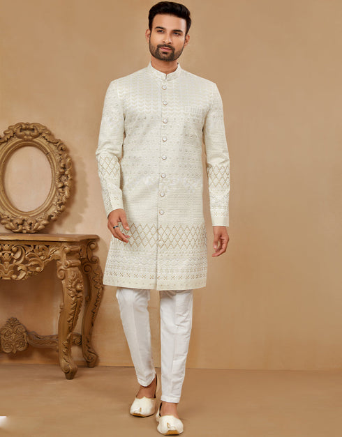 Readymade Men's traditional wear Off White Kurta Mukti Sherwani Jaq Pant Front View