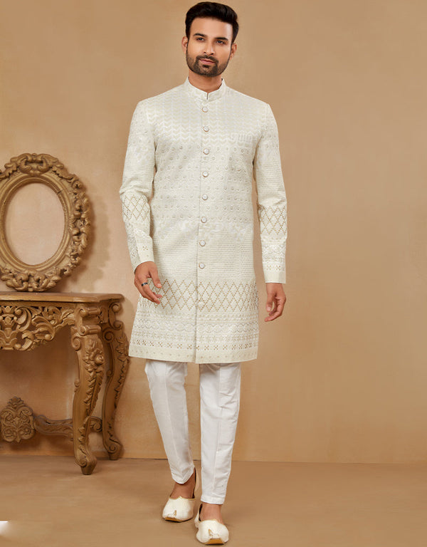 Readymade Men's traditional wear Off White Kurta Mukti Sherwani Jaq Pant Front View