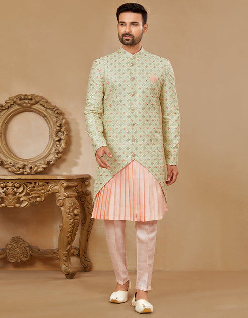 Readymade Men's traditional wear C. Green & Peach Kurta S-4001 Embroidery Pant Front View
