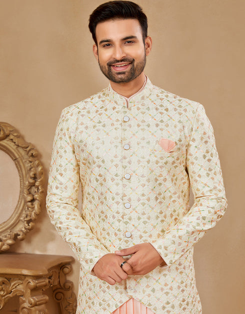 Readymade Men's traditional wear Off White & Peach Kurta S-4001 Embroidery Pant Close-up View