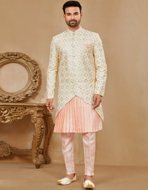 Readymade Men's traditional wear Off White & Peach Kurta S-4001 Embroidery Pant Front View