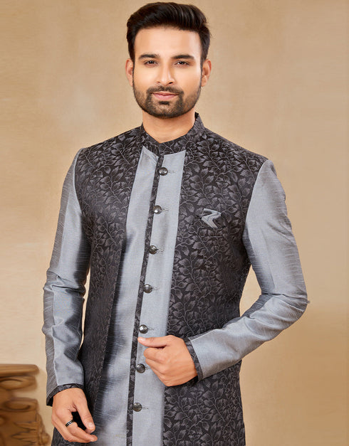 Readymade Men's traditional wear Black & Grey Kurta Galaxy Stin Jaq Pant Close-up View