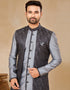Readymade Men's traditional wear Black & Grey Kurta Galaxy Stin Jaq Pant Close-up View