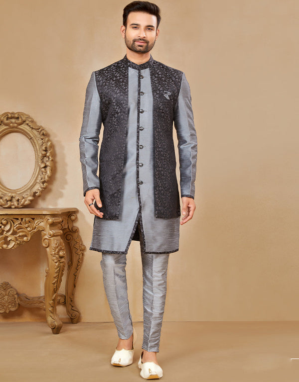 Readymade Men's traditional wear Black & Grey Kurta Galaxy Stin Jaq Pant Front View