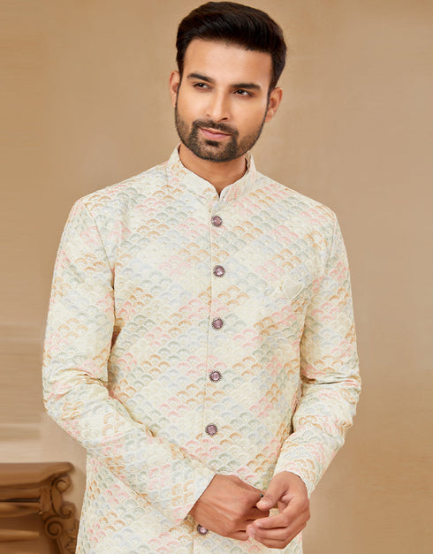 Readymade Men's traditional wear Off White Kurta S-4001 Embroidery Pant Close-up View