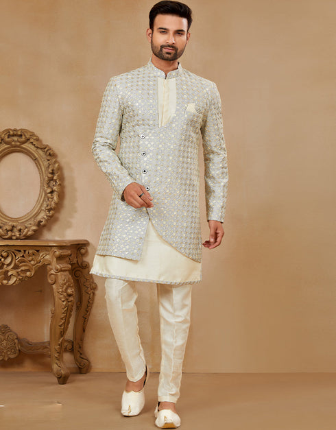 Readymade Men's traditional wear Silver & Cream Kurta S-4001 Embroidery Pant Front View