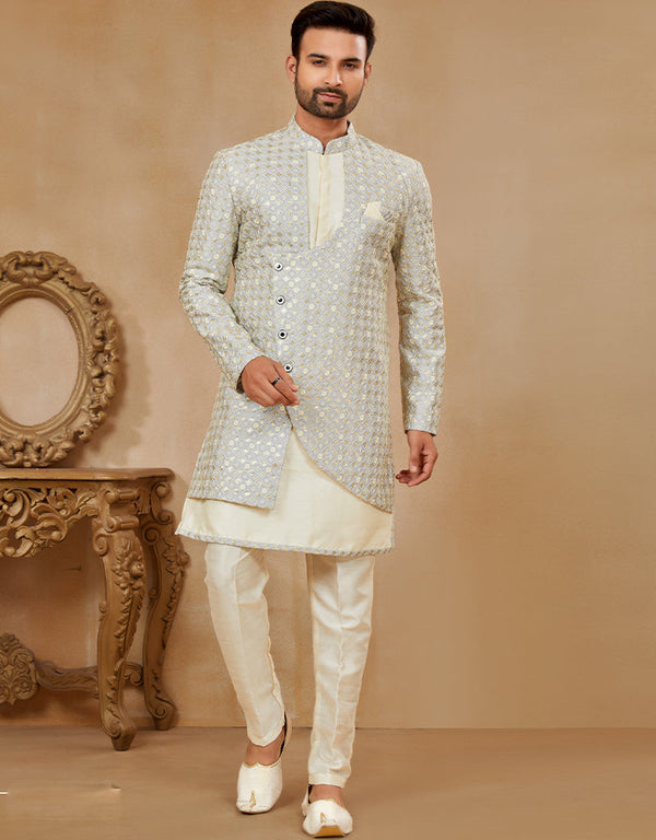 Readymade Men's traditional wear Silver & Cream Kurta S-4001 Embroidery Pant Front View