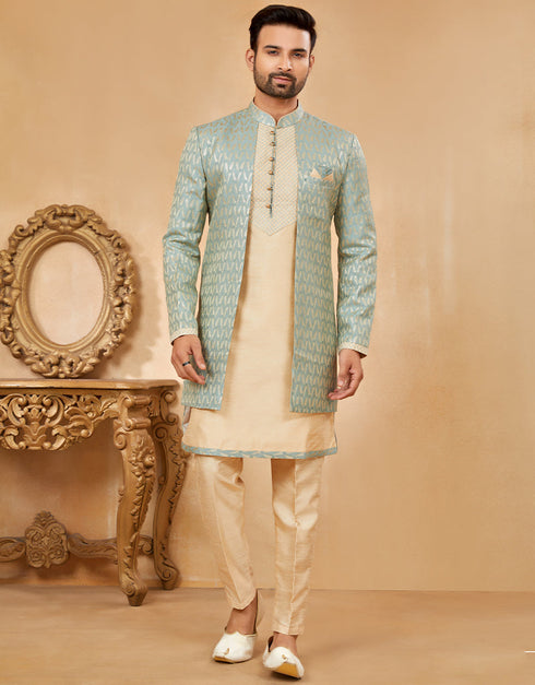 Readymade Men's traditional wear C. Green & Gold Kurta Kasab Jari Jaq Pant Front View