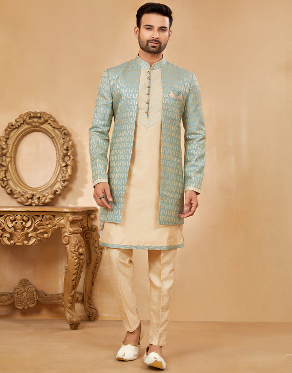 Readymade Men's traditional wear C. Green & Gold Kurta Kasab Jari Jaq Pant Front View