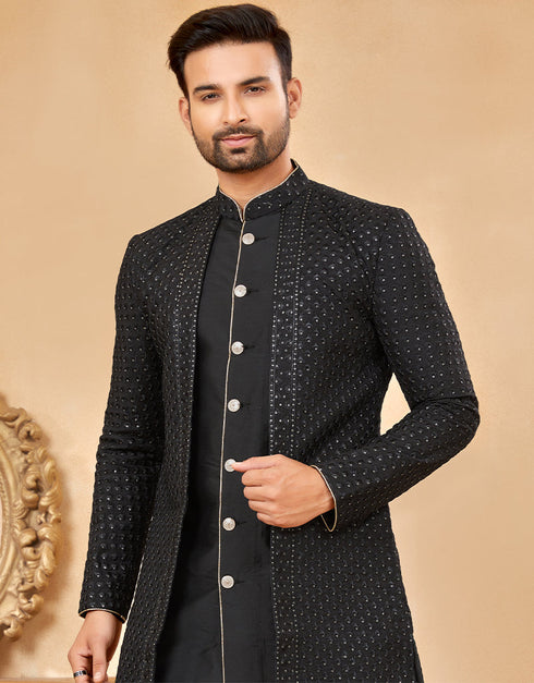 Readymade Men's traditional wear Black Kurta S-5001 Embroidery Pant Close-up View