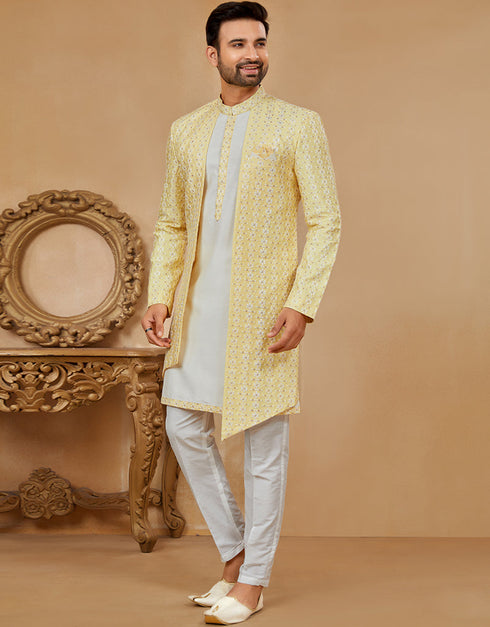 Readymade Men's traditional wear Yellow & Off White Kurta S-6001 Embroidery Pant Front View