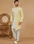 Readymade Men's traditional wear Yellow & Off White Kurta S-6001 Embroidery Pant Front View