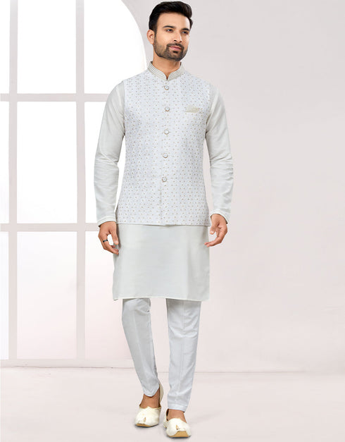 Readymade Men's traditional wear Off White Kurta Mukti Lucknowni Jaq Pant Front View