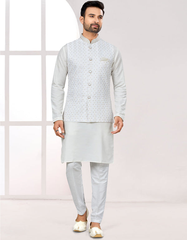 Readymade Men's traditional wear Off White Kurta Mukti Lucknowni Jaq Pant Front View