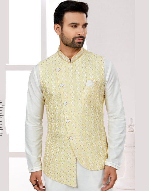 Readymade Men's traditional wear Yellow Kurta Mukti Lucknowni Jaq Pant Close-up View