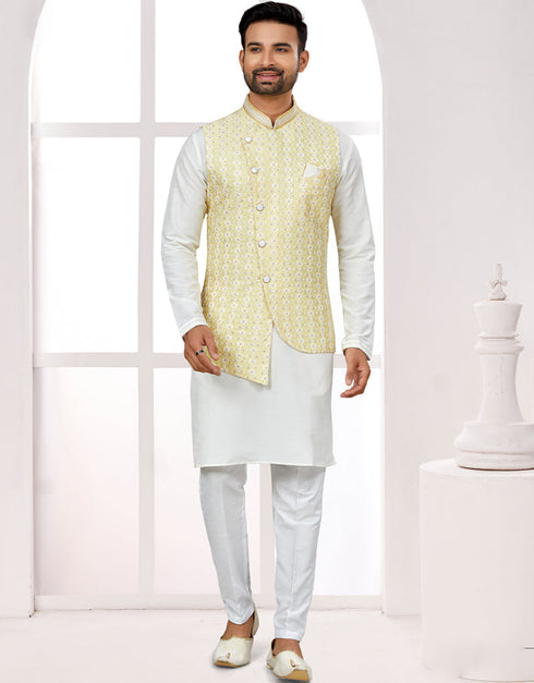 Readymade Men's traditional wear Yellow Kurta Mukti Lucknowni Jaq Pant Front View